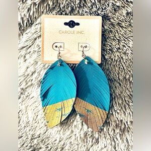 CAROLE INC Gold Dipped Leather Turquoise Leaf Earrings